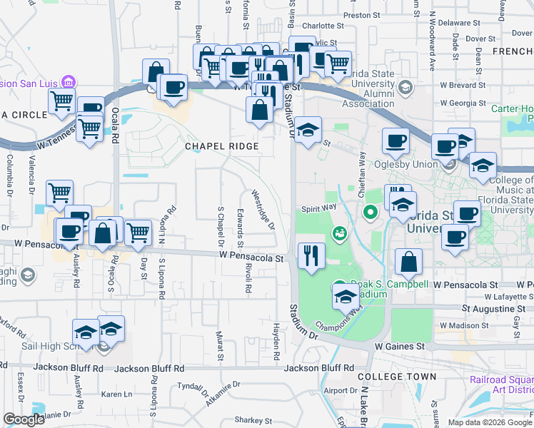 map of restaurants, bars, coffee shops, grocery stores, and more near 209 Westridge Drive in Tallahassee