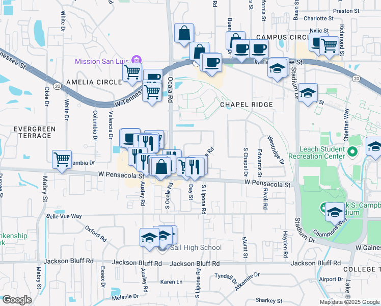 map of restaurants, bars, coffee shops, grocery stores, and more near 1904 Crabapple Drive in Tallahassee