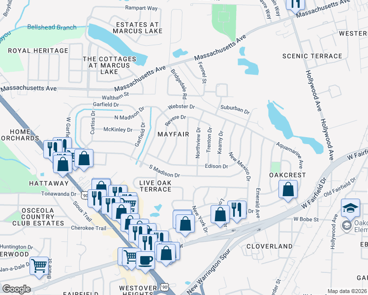 map of restaurants, bars, coffee shops, grocery stores, and more near 1012 Potomac Drive in Pensacola
