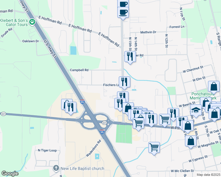 map of restaurants, bars, coffee shops, grocery stores, and more near 1190 U.S. 51 in Ponchatoula