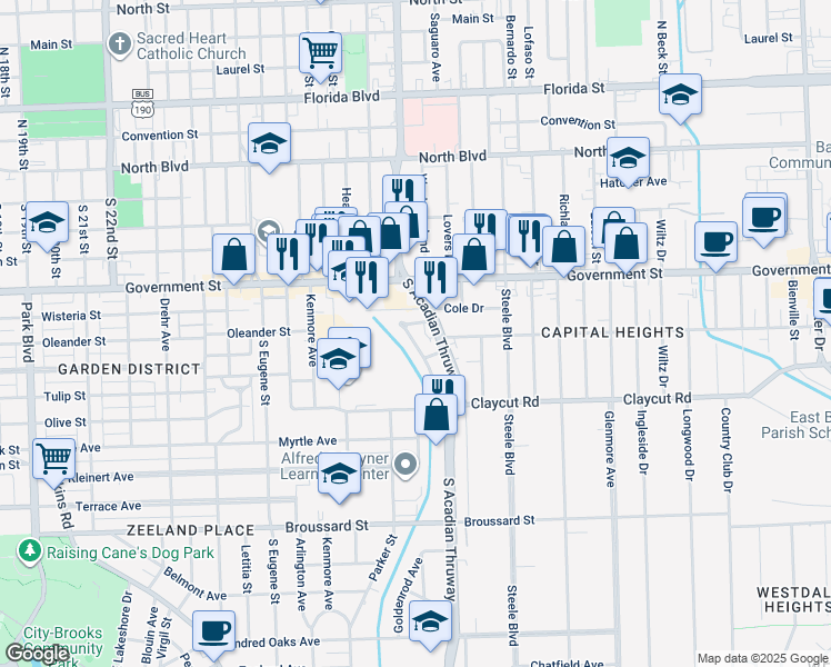 map of restaurants, bars, coffee shops, grocery stores, and more near 625 South Acadian Thruway in Baton Rouge