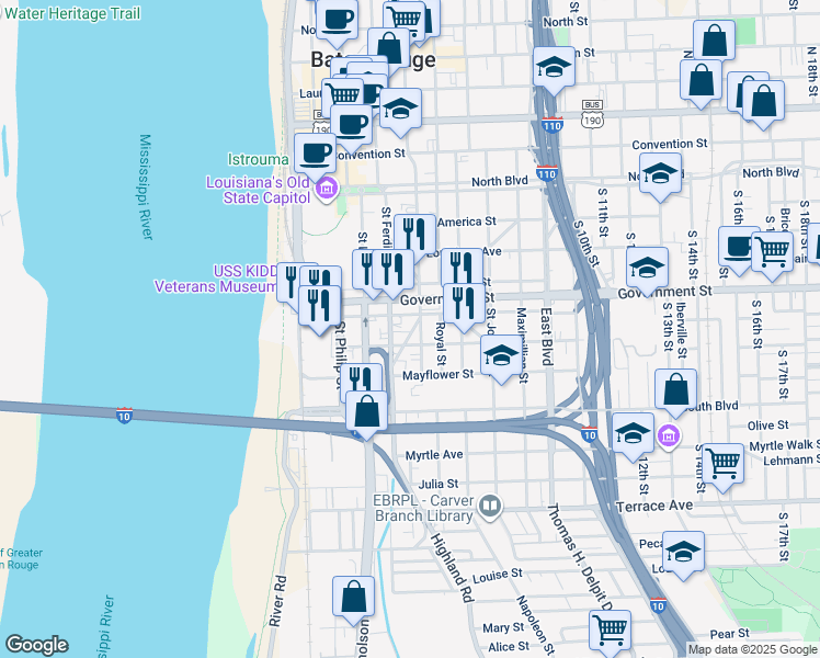map of restaurants, bars, coffee shops, grocery stores, and more near 603 Saint Charles Street in Baton Rouge