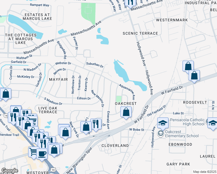 map of restaurants, bars, coffee shops, grocery stores, and more near 233 Emerald Avenue in Pensacola