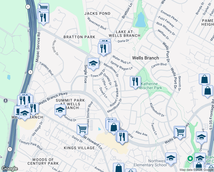 map of restaurants, bars, coffee shops, grocery stores, and more near 14501 Donald Drive in Austin