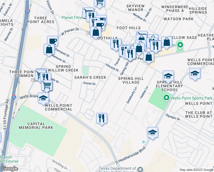 map of restaurants, bars, coffee shops, grocery stores, and more near 15305 Tacon Lane in Pflugerville