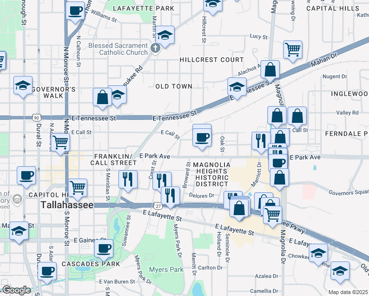 map of restaurants, bars, coffee shops, grocery stores, and more near 119 Cadiz Street in Tallahassee