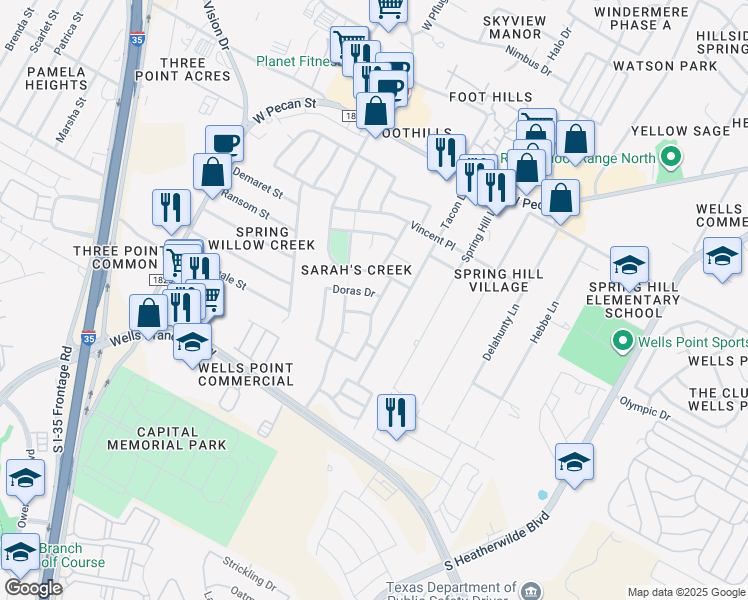map of restaurants, bars, coffee shops, grocery stores, and more near 1001 Doras Drive in Pflugerville