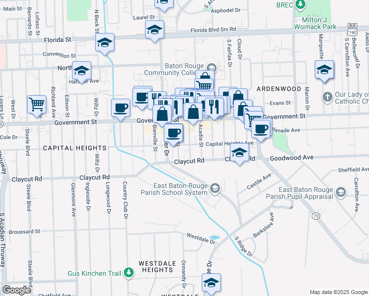 map of restaurants, bars, coffee shops, grocery stores, and more near 5150 Capital Heights Avenue in Baton Rouge
