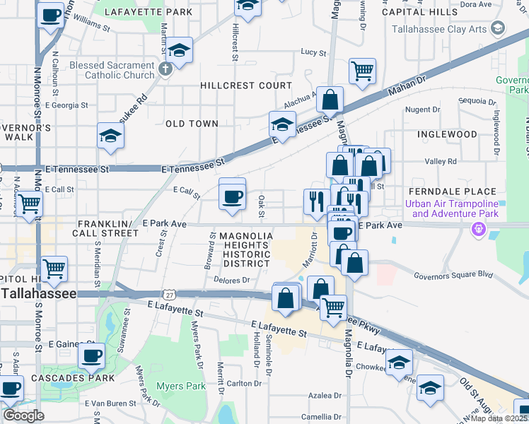 map of restaurants, bars, coffee shops, grocery stores, and more near 901 Hays Street in Tallahassee
