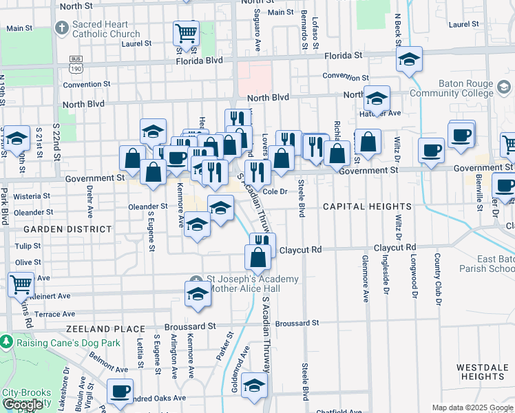 map of restaurants, bars, coffee shops, grocery stores, and more near 618 South Acadian Thruway in Baton Rouge