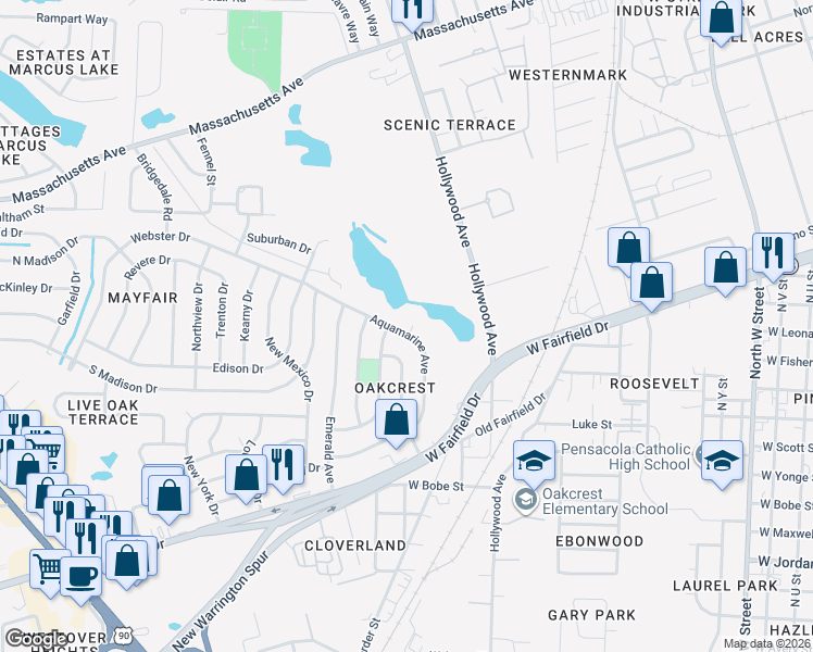 map of restaurants, bars, coffee shops, grocery stores, and more near 235 Aquamarine Avenue in Pensacola