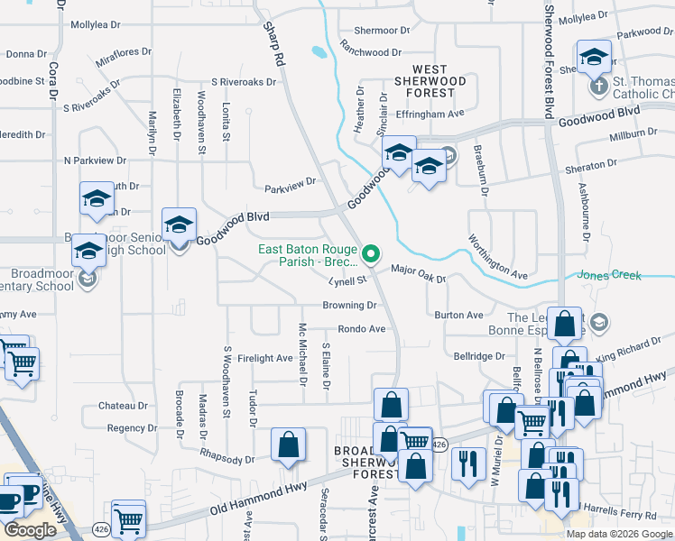 map of restaurants, bars, coffee shops, grocery stores, and more near 1244 Melanie Street in Baton Rouge