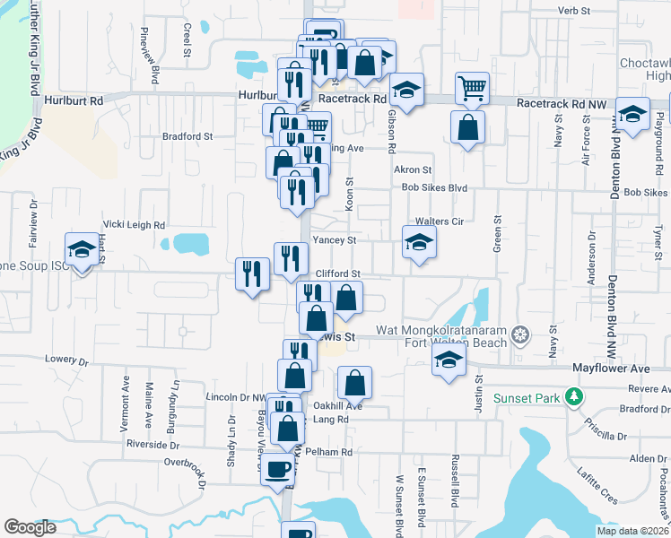 map of restaurants, bars, coffee shops, grocery stores, and more near 159 Clifford Street in Fort Walton Beach