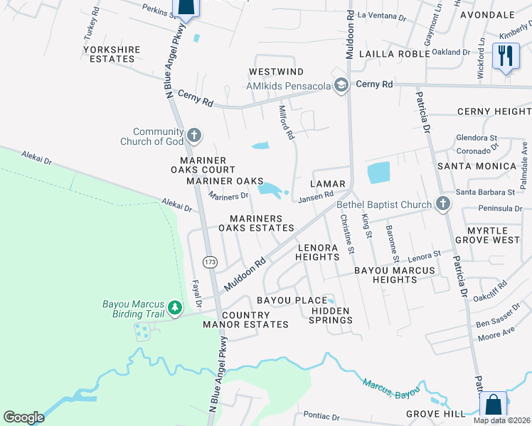 map of restaurants, bars, coffee shops, grocery stores, and more near 3154 Seafarers Way in Pensacola
