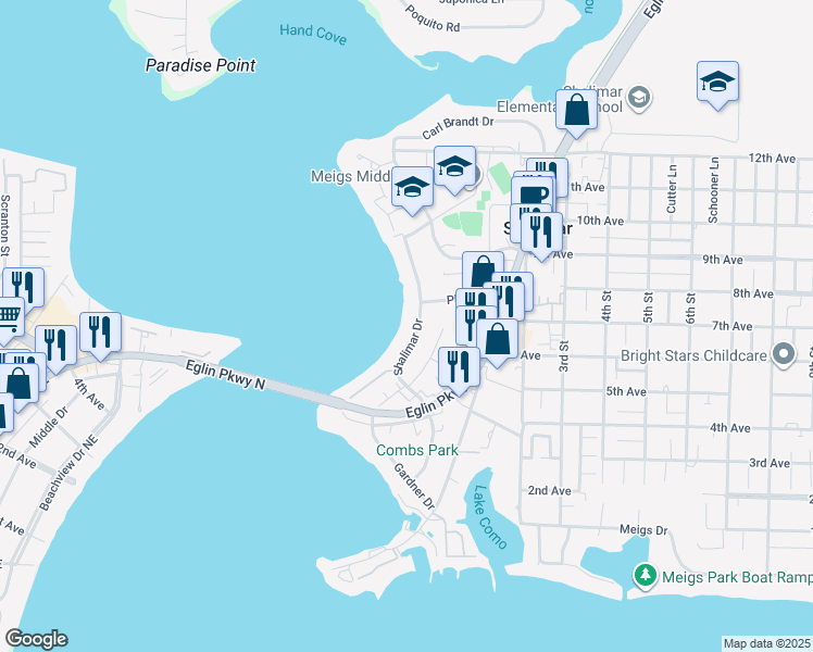 map of restaurants, bars, coffee shops, grocery stores, and more near 231 Shalimar Drive in Shalimar