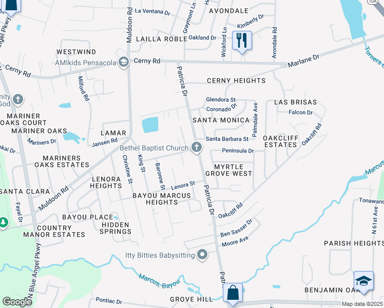 map of restaurants, bars, coffee shops, grocery stores, and more near 3097 Patricia Drive in Pensacola