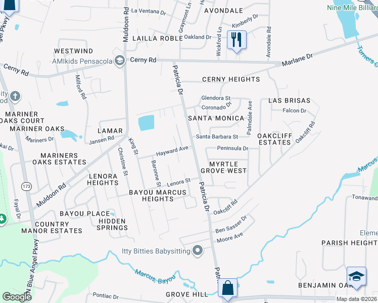 map of restaurants, bars, coffee shops, grocery stores, and more near 3097 Patricia Drive in Pensacola