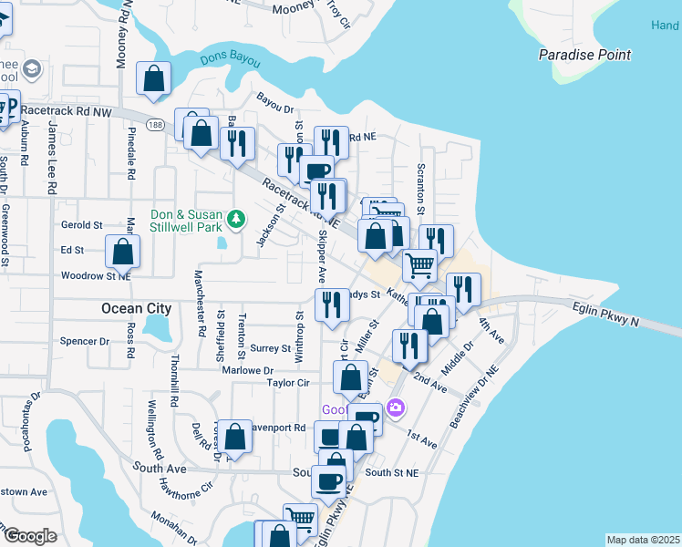 map of restaurants, bars, coffee shops, grocery stores, and more near 108 Katherine Street in Shalimar