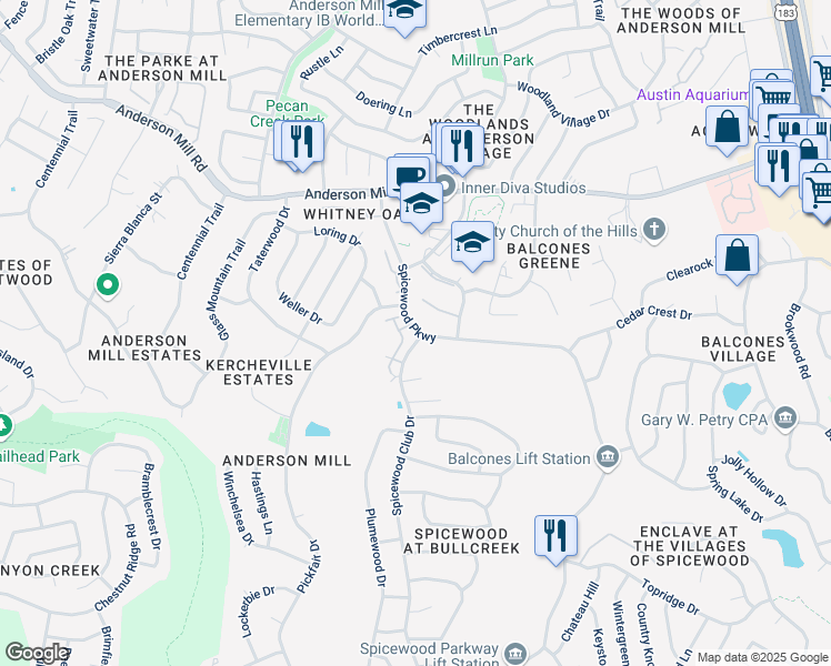 map of restaurants, bars, coffee shops, grocery stores, and more near 11310 Spicewood Parkway in Austin