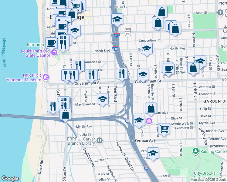 map of restaurants, bars, coffee shops, grocery stores, and more near 626 East Boulevard in Baton Rouge