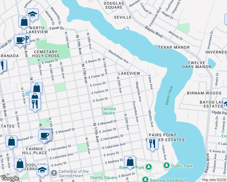 map of restaurants, bars, coffee shops, grocery stores, and more near 1913 East Hatton Street in Pensacola