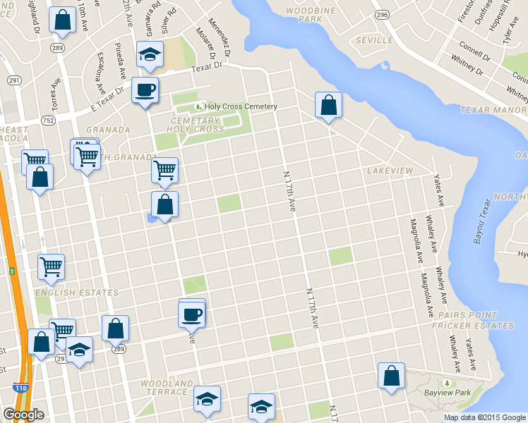 map of restaurants, bars, coffee shops, grocery stores, and more near 1531 East Cross Street in Pensacola