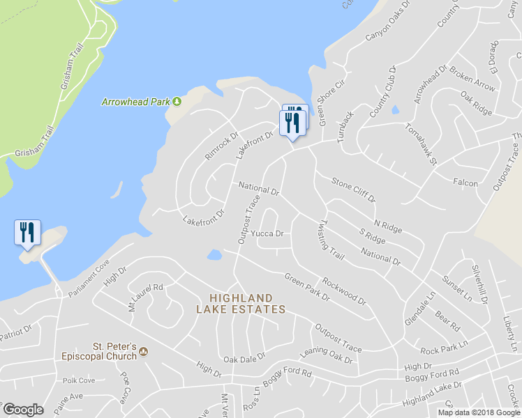map of restaurants, bars, coffee shops, grocery stores, and more near 4208 Hillside Drive in Lago Vista