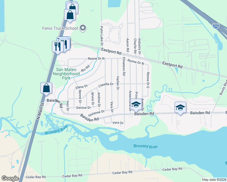 map of restaurants, bars, coffee shops, grocery stores, and more near 11317 Vera Drive in Jacksonville