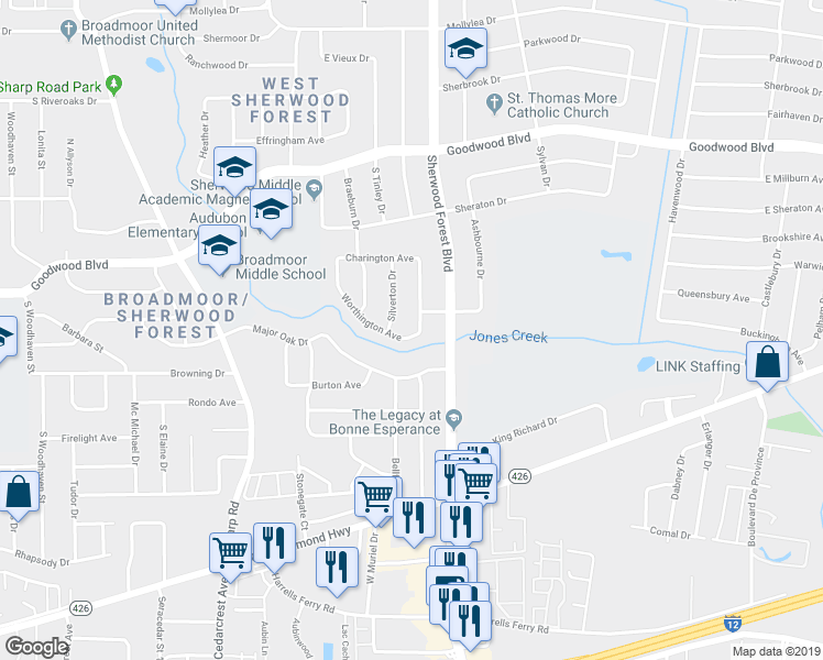 map of restaurants, bars, coffee shops, grocery stores, and more near 1494 Wellington Drive in Baton Rouge