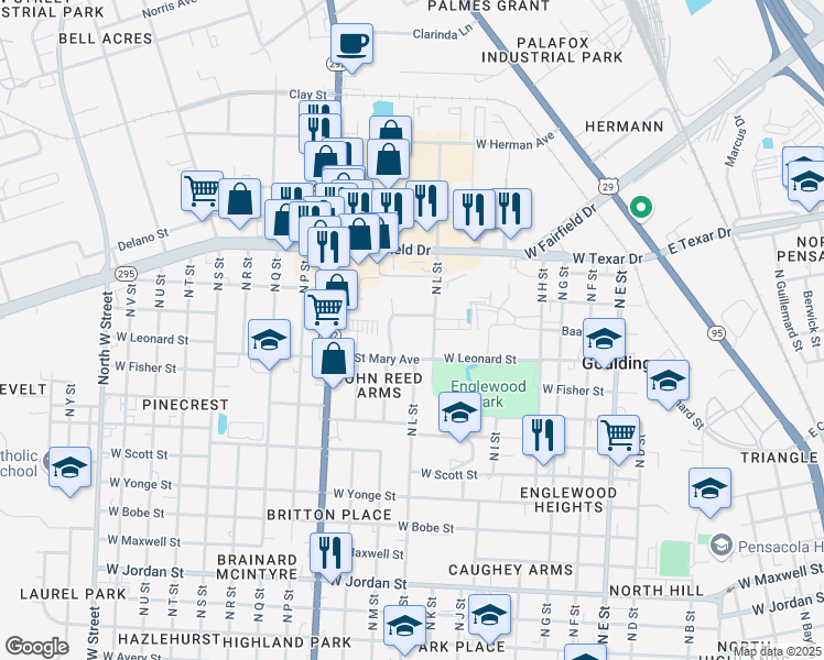 map of restaurants, bars, coffee shops, grocery stores, and more near 1800 Saint Mary Avenue in Pensacola