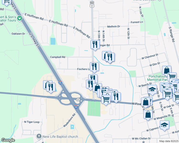 map of restaurants, bars, coffee shops, grocery stores, and more near 1190 U.S. 51 in Ponchatoula