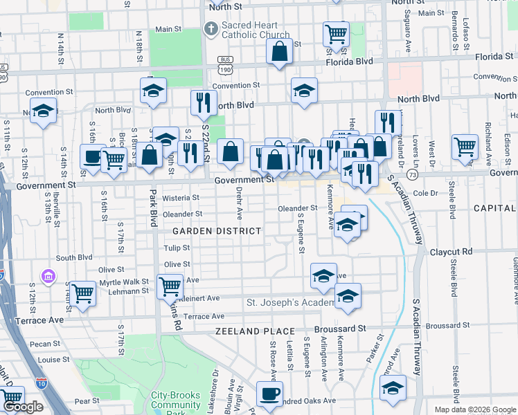map of restaurants, bars, coffee shops, grocery stores, and more near 2357 Oleander Street in Baton Rouge
