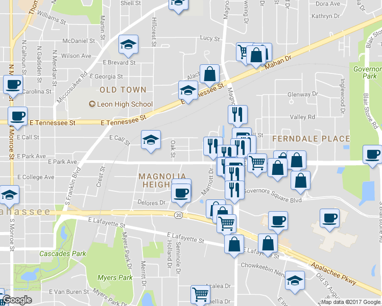 map of restaurants, bars, coffee shops, grocery stores, and more near 1001 Hays Street in Tallahassee