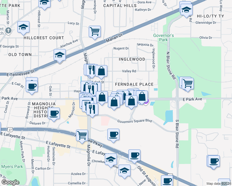 map of restaurants, bars, coffee shops, grocery stores, and more near 119 Belmont Road in Tallahassee