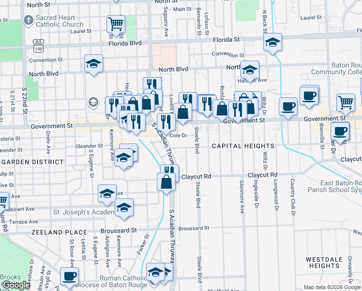 map of restaurants, bars, coffee shops, grocery stores, and more near 3617 Capital Heights Avenue in Baton Rouge
