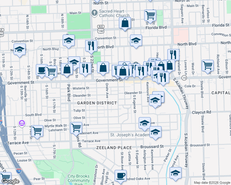 map of restaurants, bars, coffee shops, grocery stores, and more near 2355 Oleander Street in Baton Rouge
