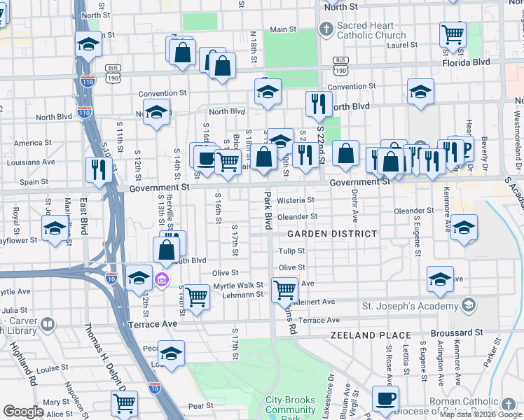 map of restaurants, bars, coffee shops, grocery stores, and more near 1814 Wisteria Street in Baton Rouge