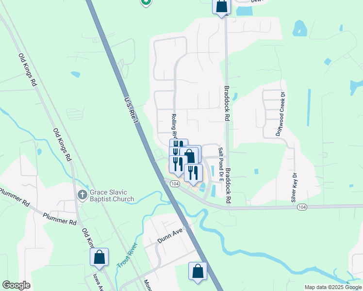 map of restaurants, bars, coffee shops, grocery stores, and more near 11464 Rolling River Boulevard in Jacksonville