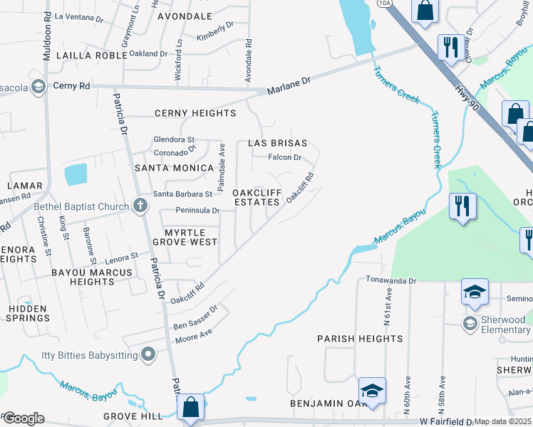 map of restaurants, bars, coffee shops, grocery stores, and more near 3064 English Oak Circle in Pensacola