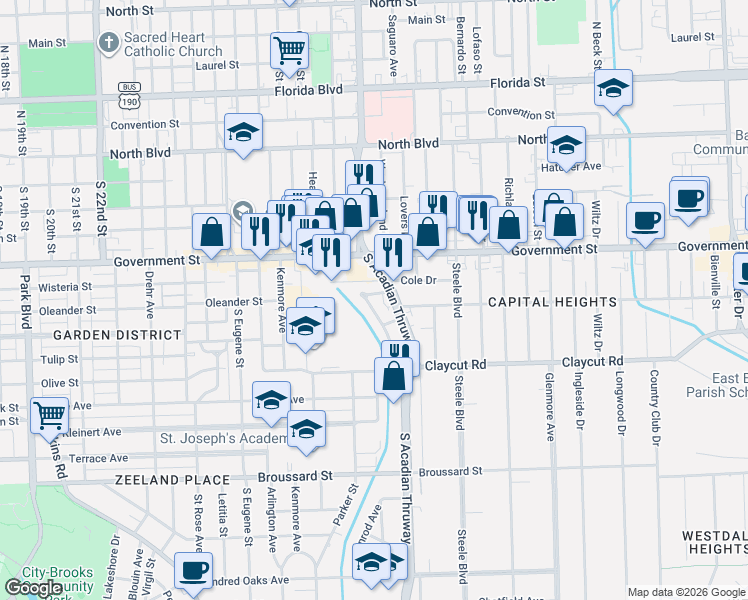 map of restaurants, bars, coffee shops, grocery stores, and more near 625 South Acadian Thruway in Baton Rouge