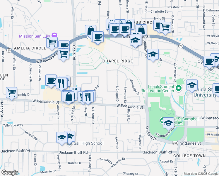 map of restaurants, bars, coffee shops, grocery stores, and more near 1836 Westminster Drive in Tallahassee