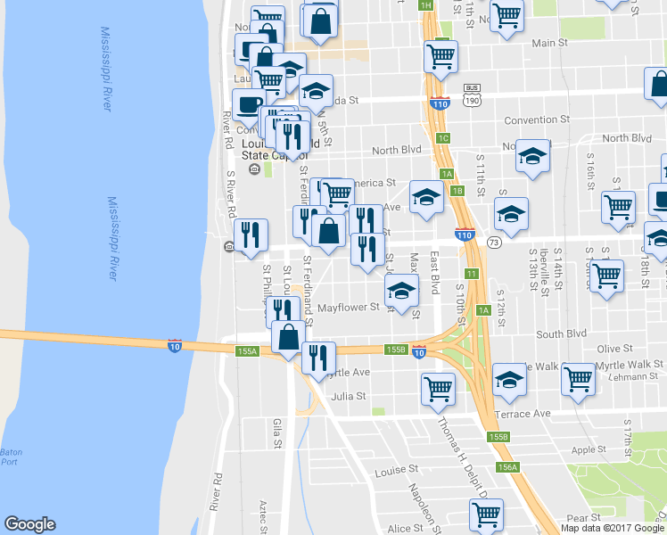 map of restaurants, bars, coffee shops, grocery stores, and more near 603 Saint Charles Street in Baton Rouge