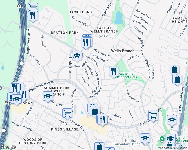 map of restaurants, bars, coffee shops, grocery stores, and more near 14501 Donald Drive in Austin