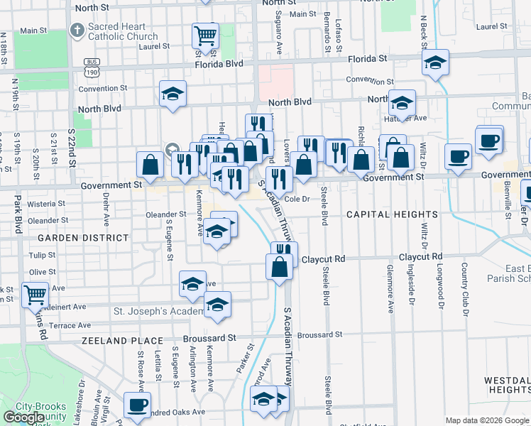 map of restaurants, bars, coffee shops, grocery stores, and more near 625 South Acadian Thruway in Baton Rouge