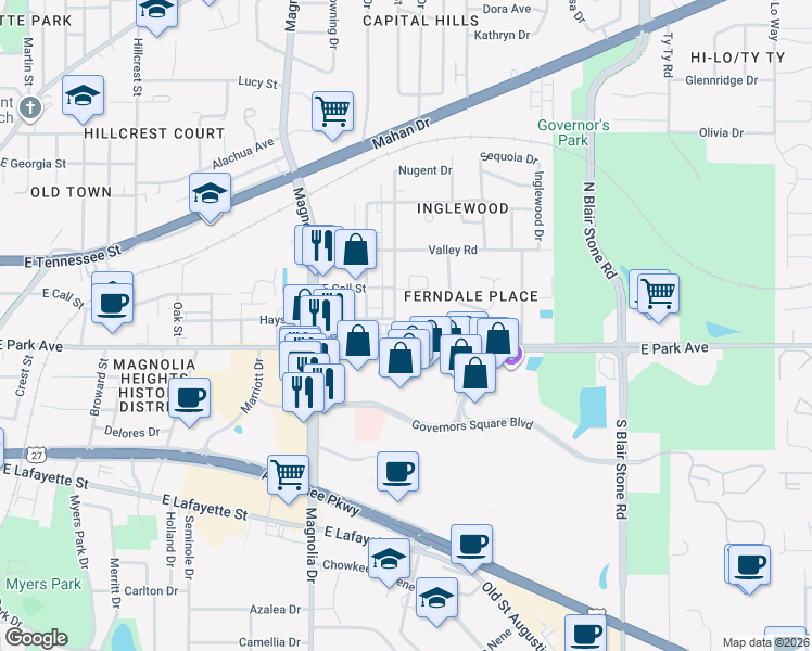 map of restaurants, bars, coffee shops, grocery stores, and more near 119 Belmont Road in Tallahassee