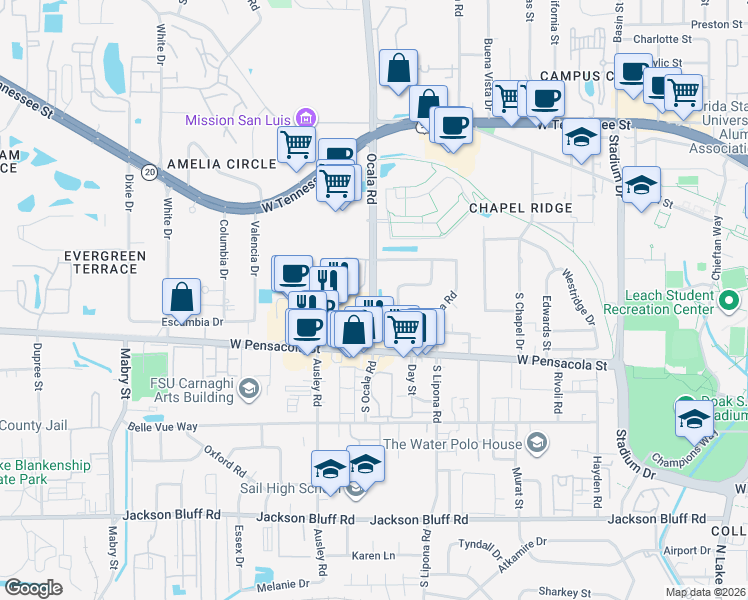 map of restaurants, bars, coffee shops, grocery stores, and more near 2004 Crabapple Drive in Tallahassee