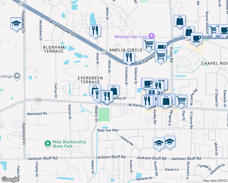 map of restaurants, bars, coffee shops, grocery stores, and more near 123 White Drive in Tallahassee
