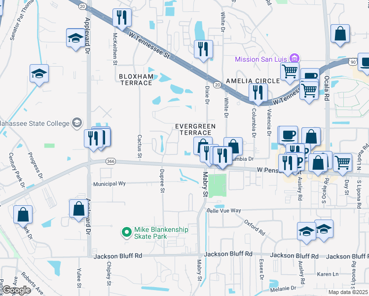 map of restaurants, bars, coffee shops, grocery stores, and more near 22 Blue Heron Circle in Tallahassee