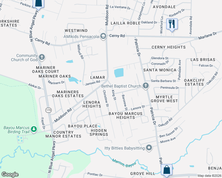 map of restaurants, bars, coffee shops, grocery stores, and more near 3140 King Street in Pensacola