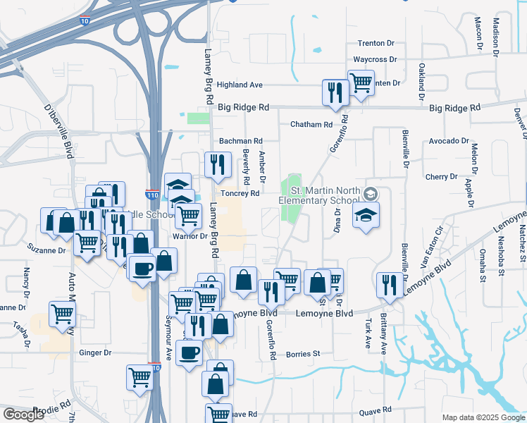 map of restaurants, bars, coffee shops, grocery stores, and more near 611 Peach Street in D'Iberville